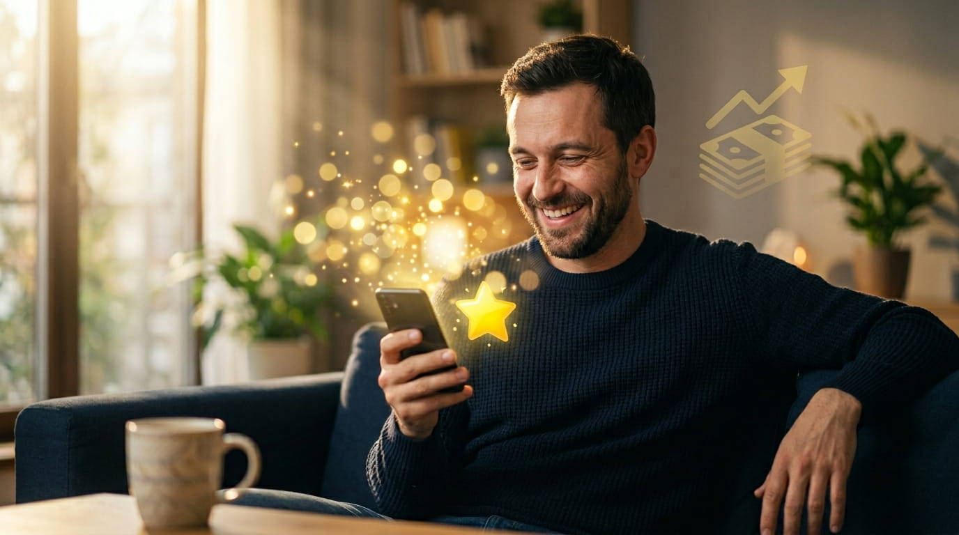 Счастливый мужчина в тёплом золотом свете смотрит на телефон, где виден крупный бонус (возврат процентов), рядом изумрудная галочка и кофе.
