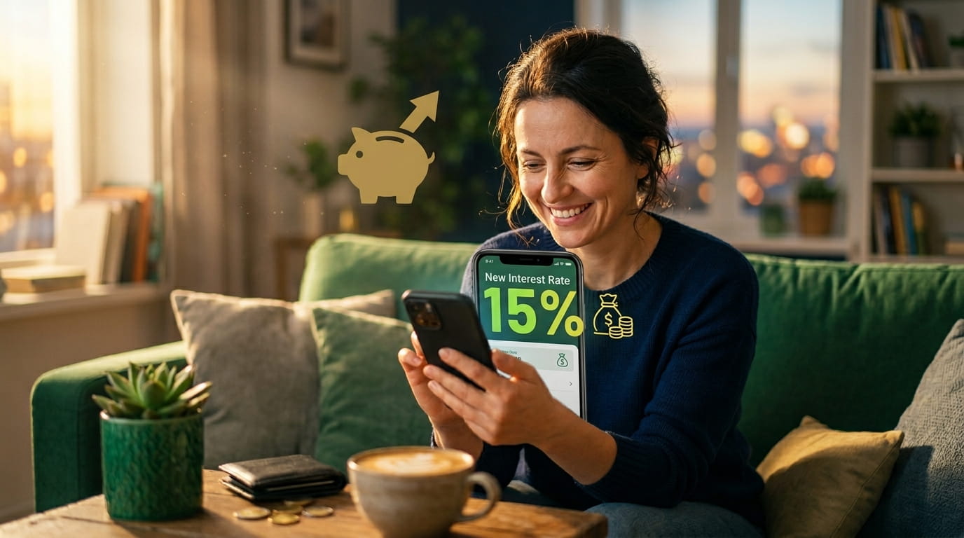 Счастливая женщина 35 лет смотрит на телефон, где видна сумма кэшбэка 15%; тёплый золотой свет, на столе кофе и зелёное растение.