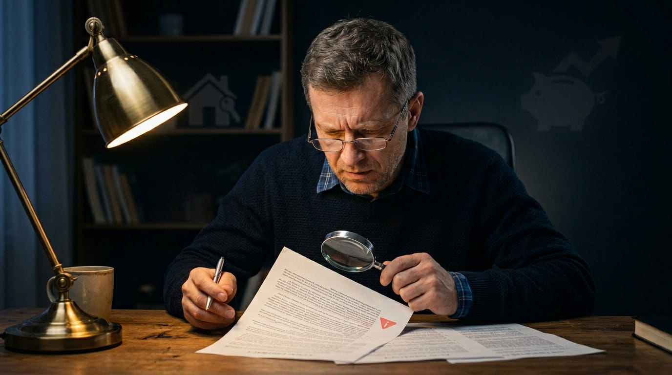 Мужчина 45 лет в очках внимательно читает договор с мелким шрифтом под настольной лампой; на заднем плане размытый силуэт дома