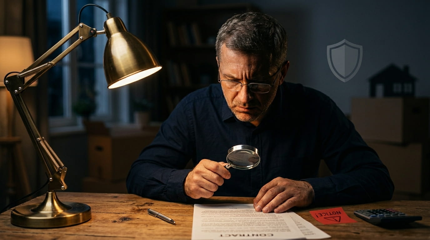 Мужчина 45 лет в очках для чтения пристально изучает договор с увеличительным стеклом, выражение серьёзное, аналитическое. На заднем плане размытый намёк на новый дом