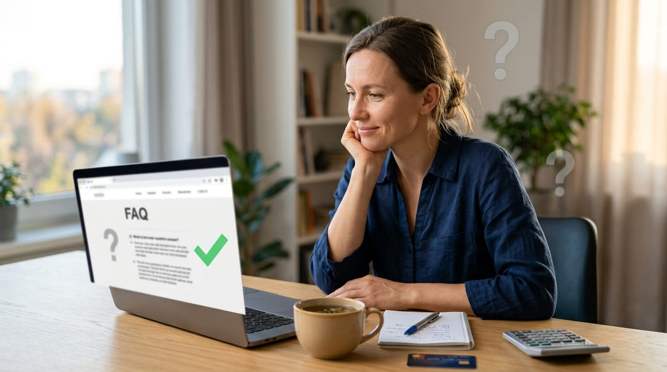 Женщина за ноутбуком читает FAQ с удовлетворённым видом – спокойствие от нахождения понятных ответов.