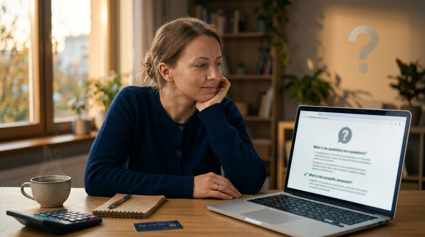 Женщина за ноутбуком читает FAQ с удовлетворённым видом – спокойствие от нахождения понятных ответов.