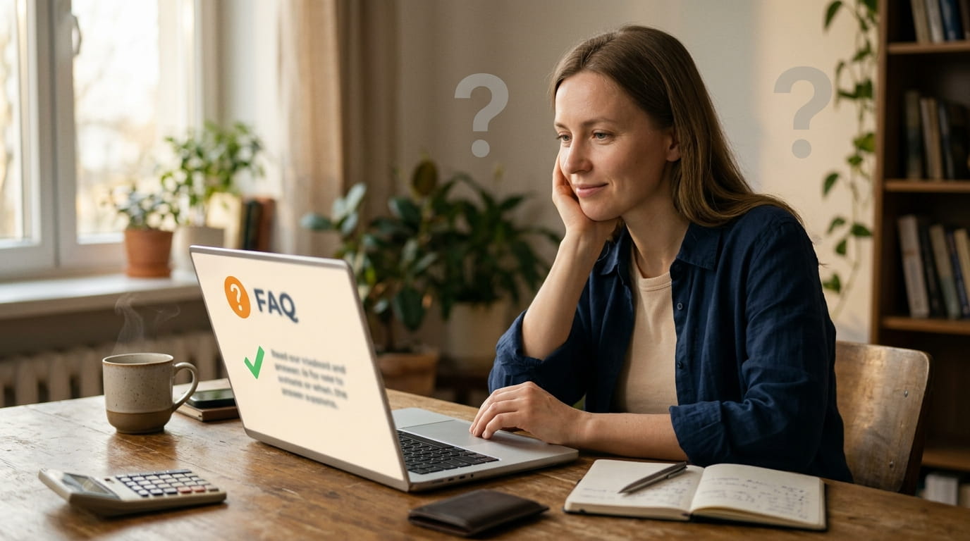 Женщина за ноутбуком читает FAQ с довольным видом – спокойствие от нахождения понятных ответов.