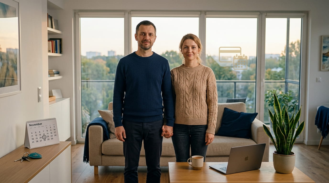Семейная пара (мужчина и женщина 35–40 лет) на светлой современной кухне, спокойные и уверенные, держатся за руки – символ финансовой стабильности после выбора правильного инструмента.